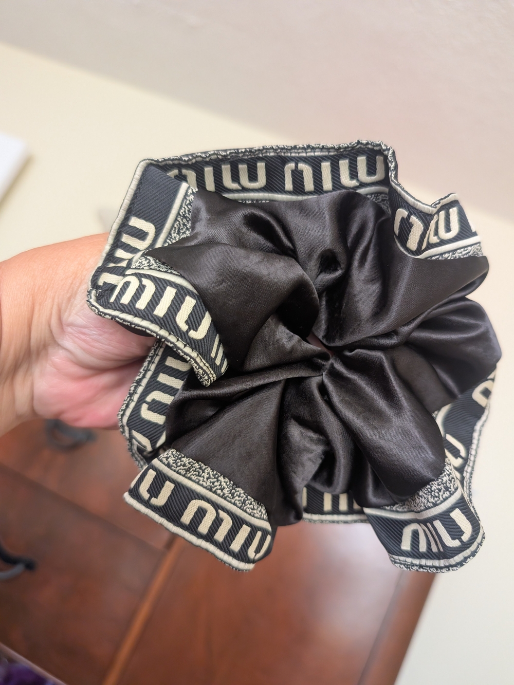 Handmade Upcycle Miu Miu Black Satin Logo-Trim Scrunchie